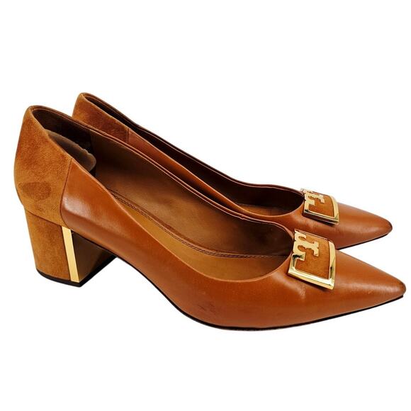 Tory Burch Gigi Pointy Toe Leather Pump Shoe Ambra Tan Brown 2” Block Heel 9.5 M - Picture 1 of 11